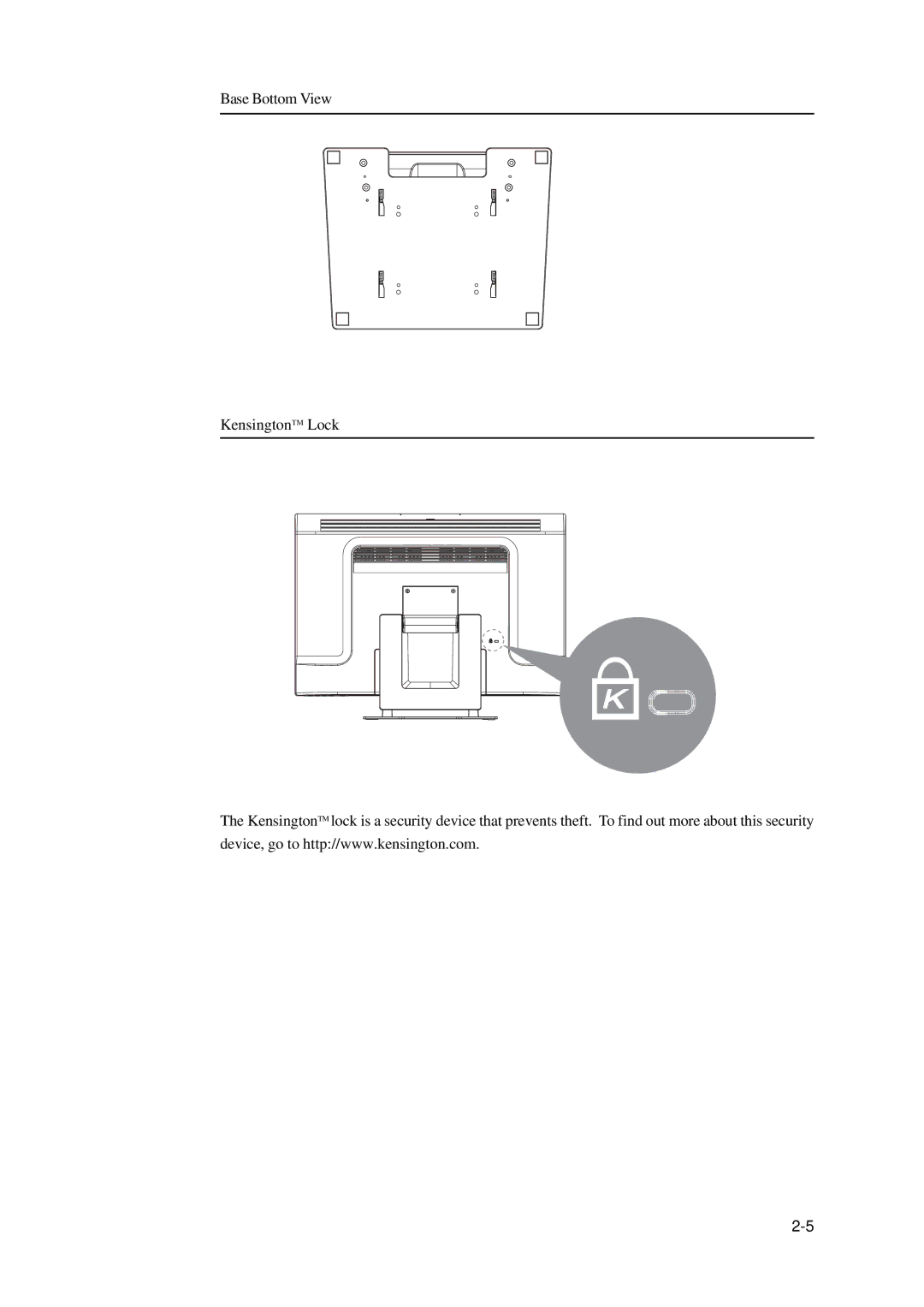 Elo TouchSystems 2400LM manual Base Bottom View KensingtonTM Lock 