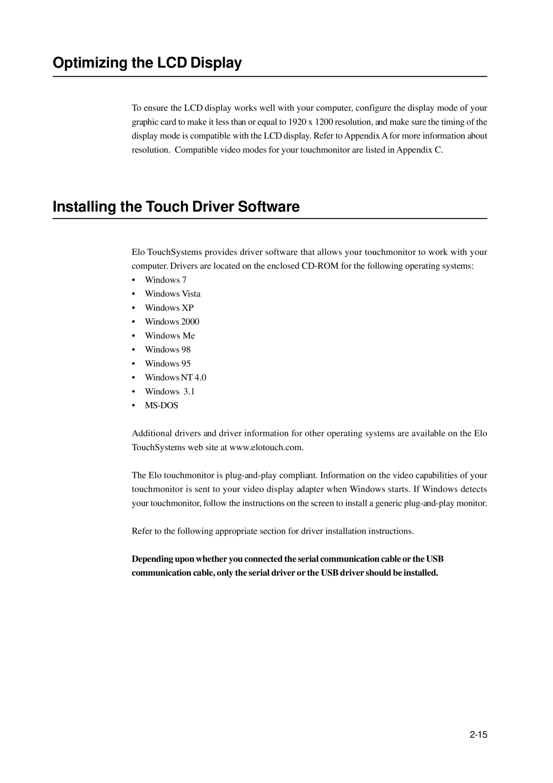 Elo TouchSystems 2400LM manual Optimizing the LCD Display, Installing the Touch Driver Software 