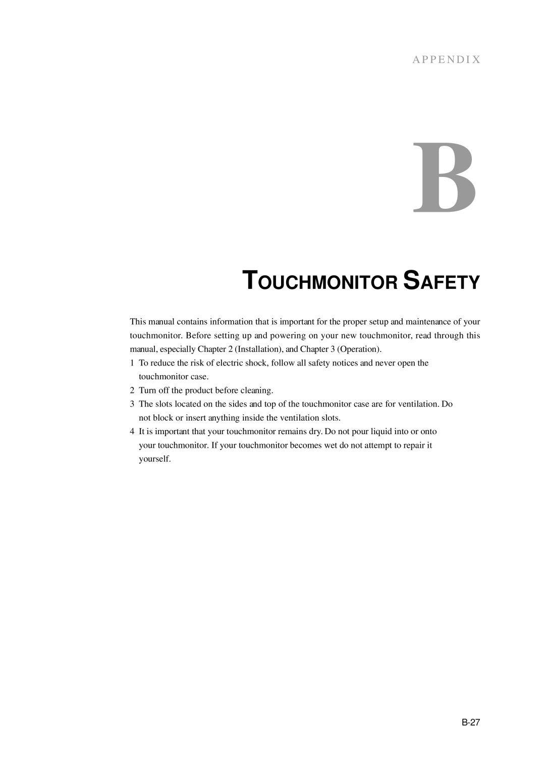 Elo TouchSystems 2400LM manual Touchmonitor Safety 