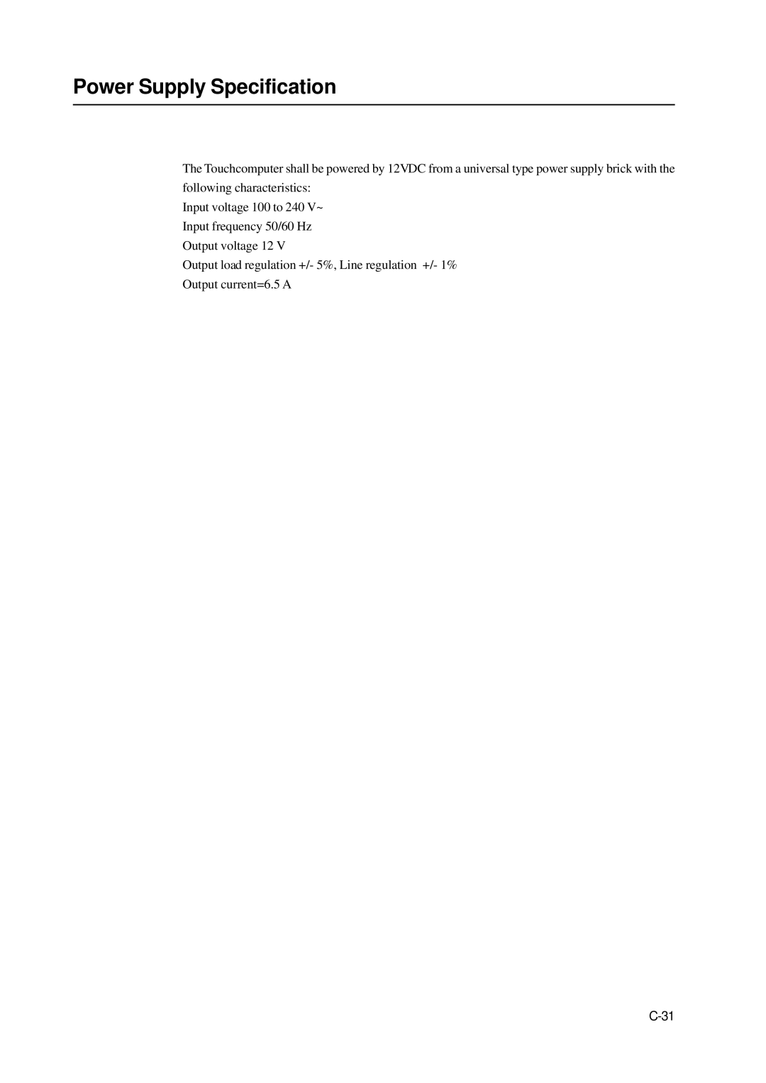 Elo TouchSystems 2400LM manual Power Supply Specification 