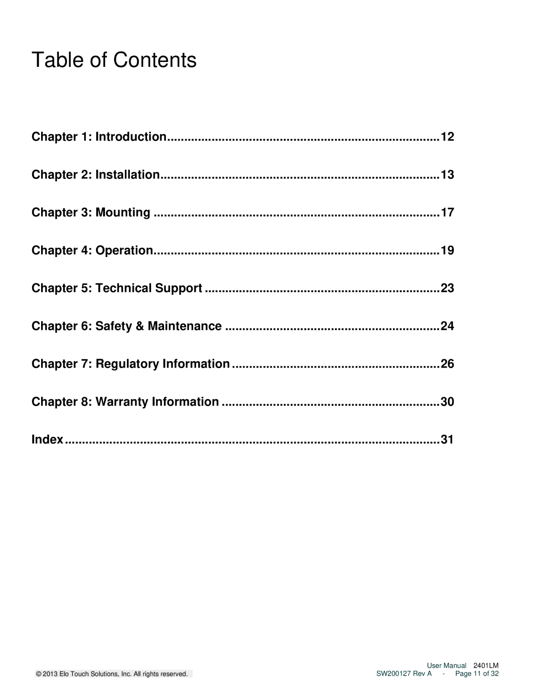 Elo TouchSystems 2401LM user manual Table of Contents 