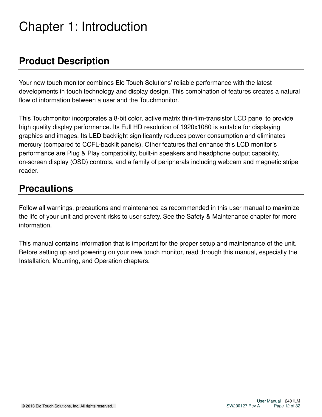 Elo TouchSystems 2401LM user manual Introduction, Product Description, Precautions 