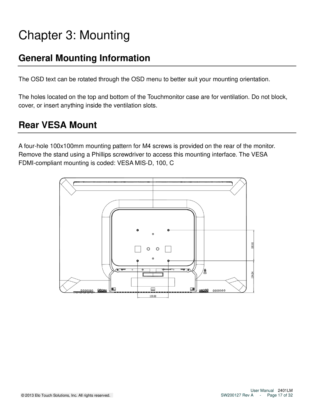 Elo TouchSystems 2401LM user manual General Mounting Information, Rear Vesa Mount 