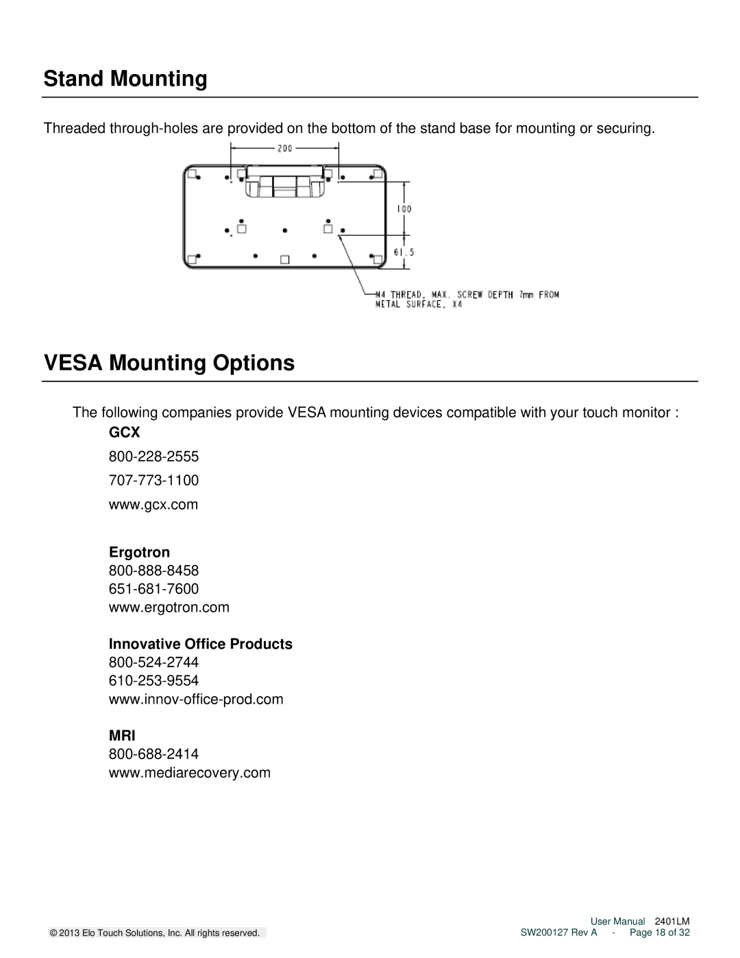 Elo TouchSystems 2401LM user manual Stand Mounting, Vesa Mounting Options, Ergotron 