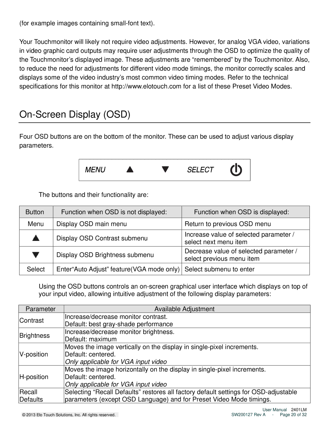 Elo TouchSystems 2401LM user manual On-Screen Display OSD 