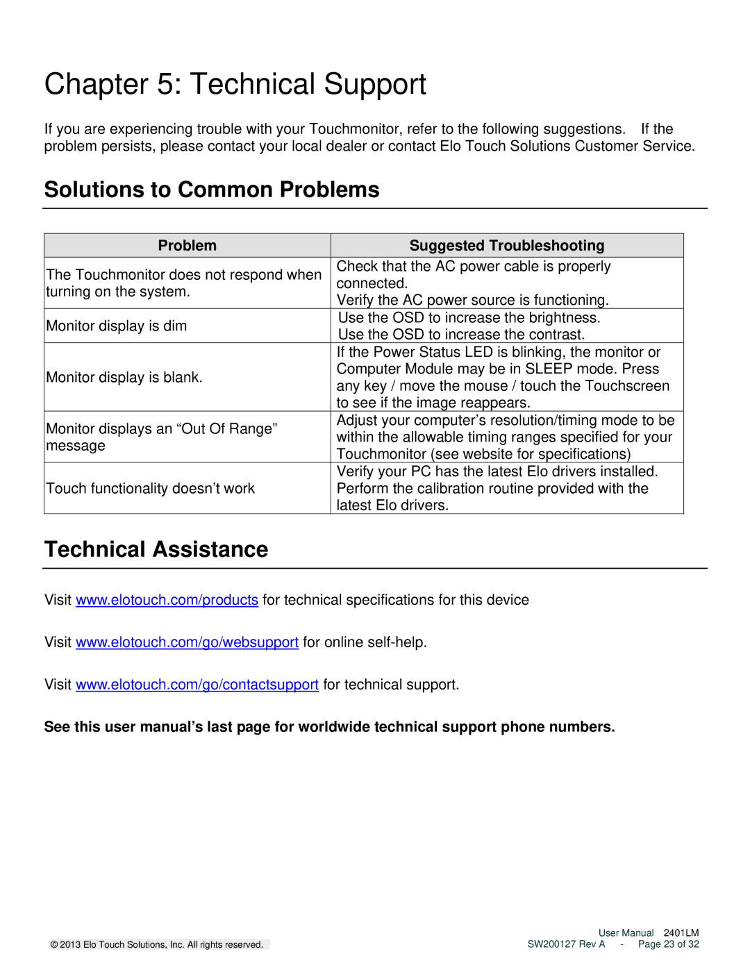 Elo TouchSystems 2401LM user manual Technical Support, Solutions to Common Problems, Technical Assistance 