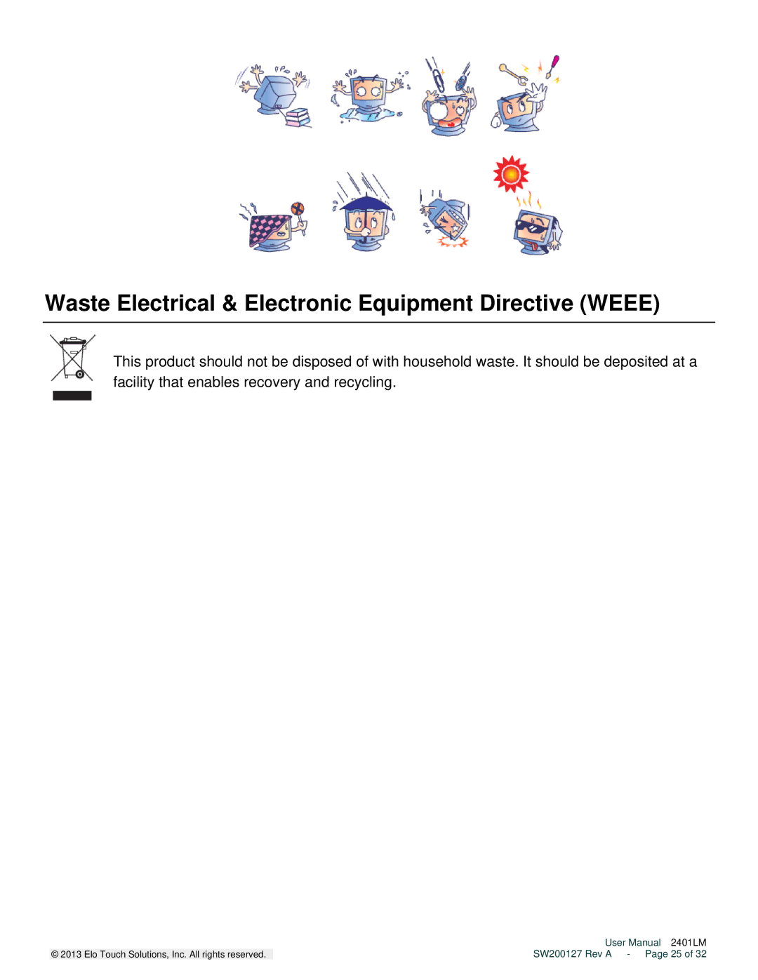 Elo TouchSystems 2401LM user manual Waste Electrical & Electronic Equipment Directive Weee 