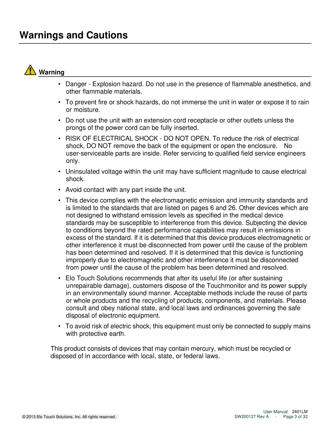 Elo TouchSystems 2401LM user manual SW200127 Rev a Page 3 