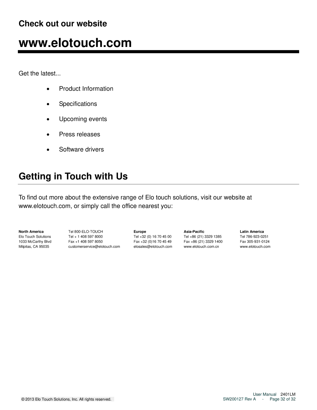 Elo TouchSystems 2401LM user manual Getting in Touch with Us, Check out our website 