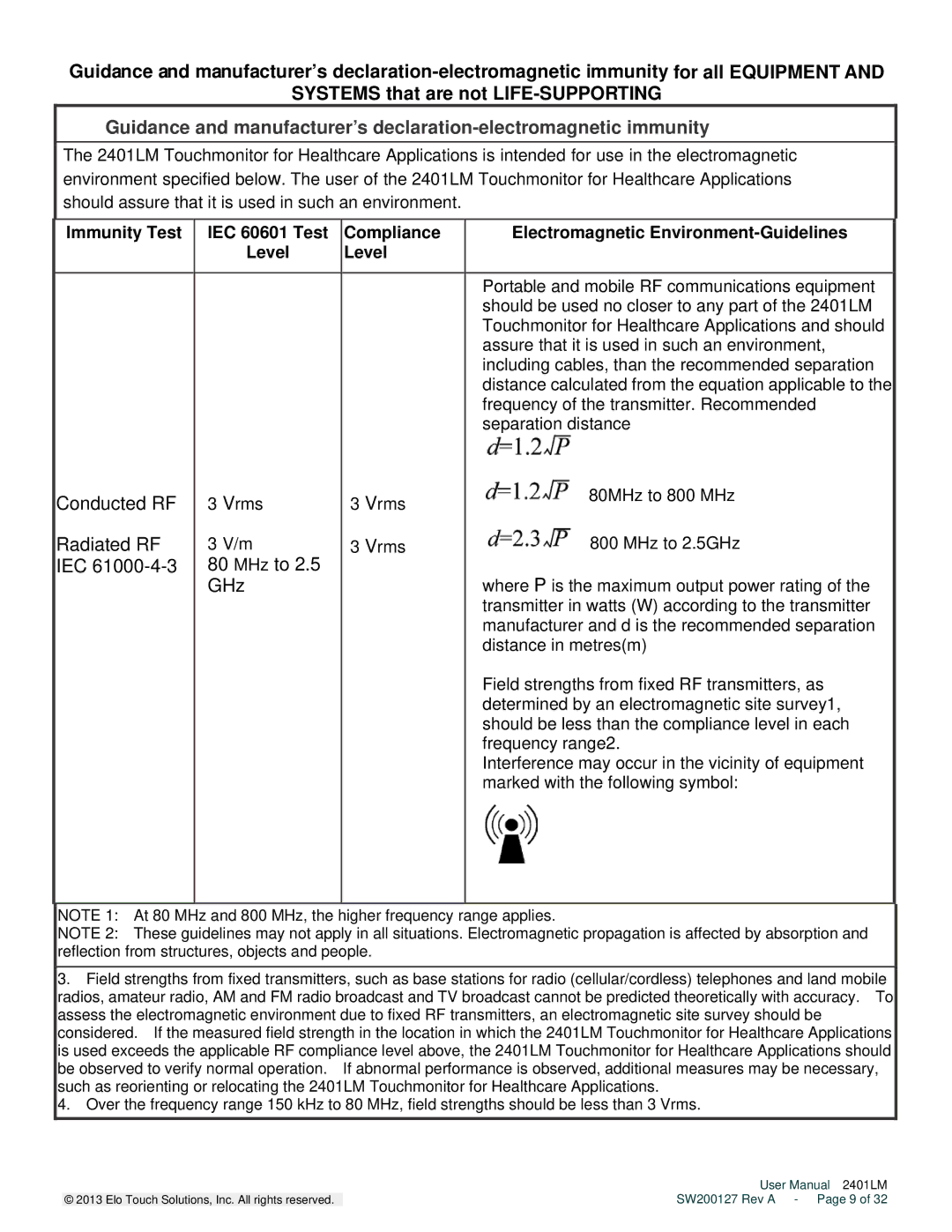 Elo TouchSystems 2401LM user manual Conducted RF, Radiated RF, IEC MHz to, GHz 