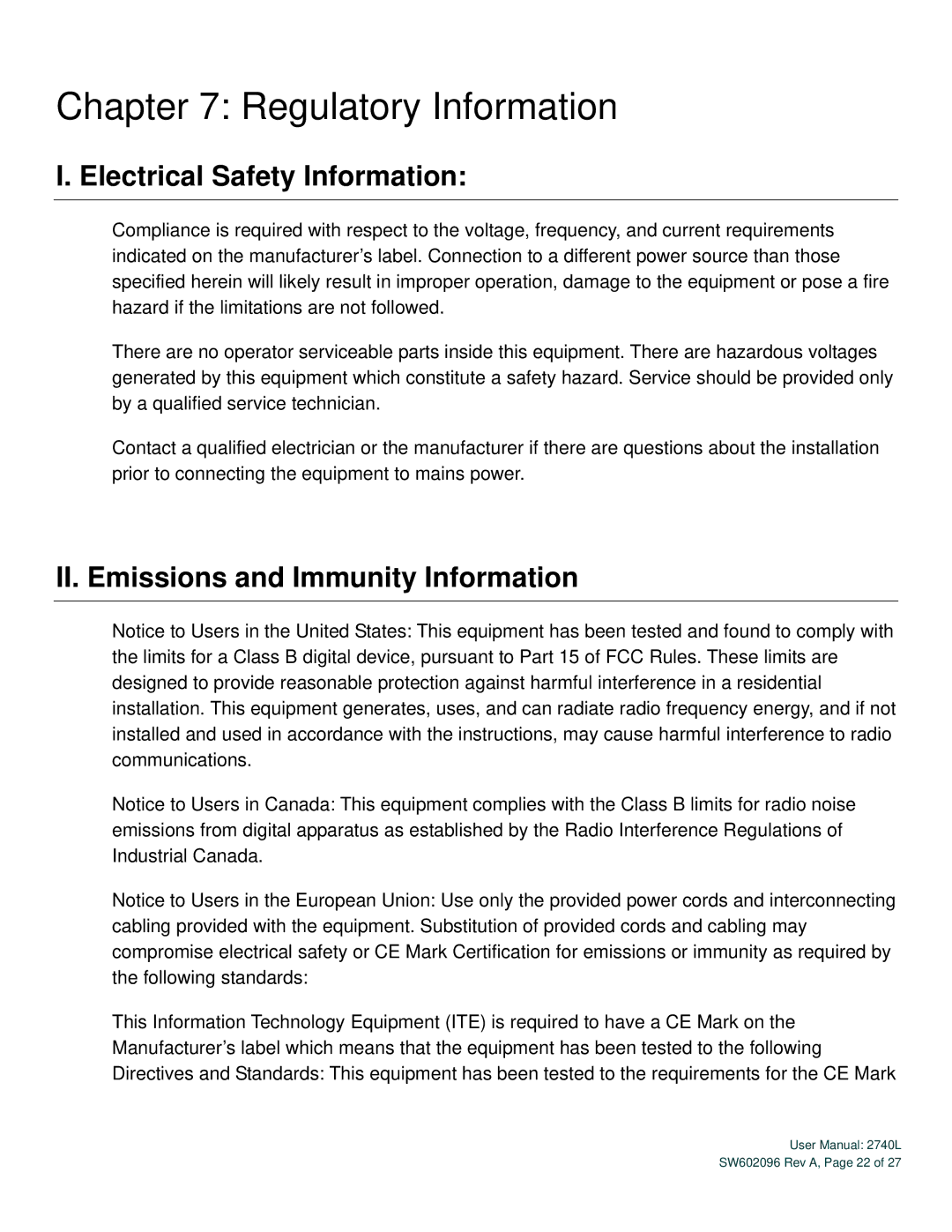 Elo TouchSystems 2740L Regulatory Information, Electrical Safety Information, II. Emissions and Immunity Information 