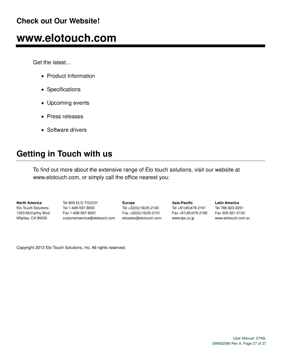 Elo TouchSystems 2740L user manual Getting in Touch with us, Check out Our Website 