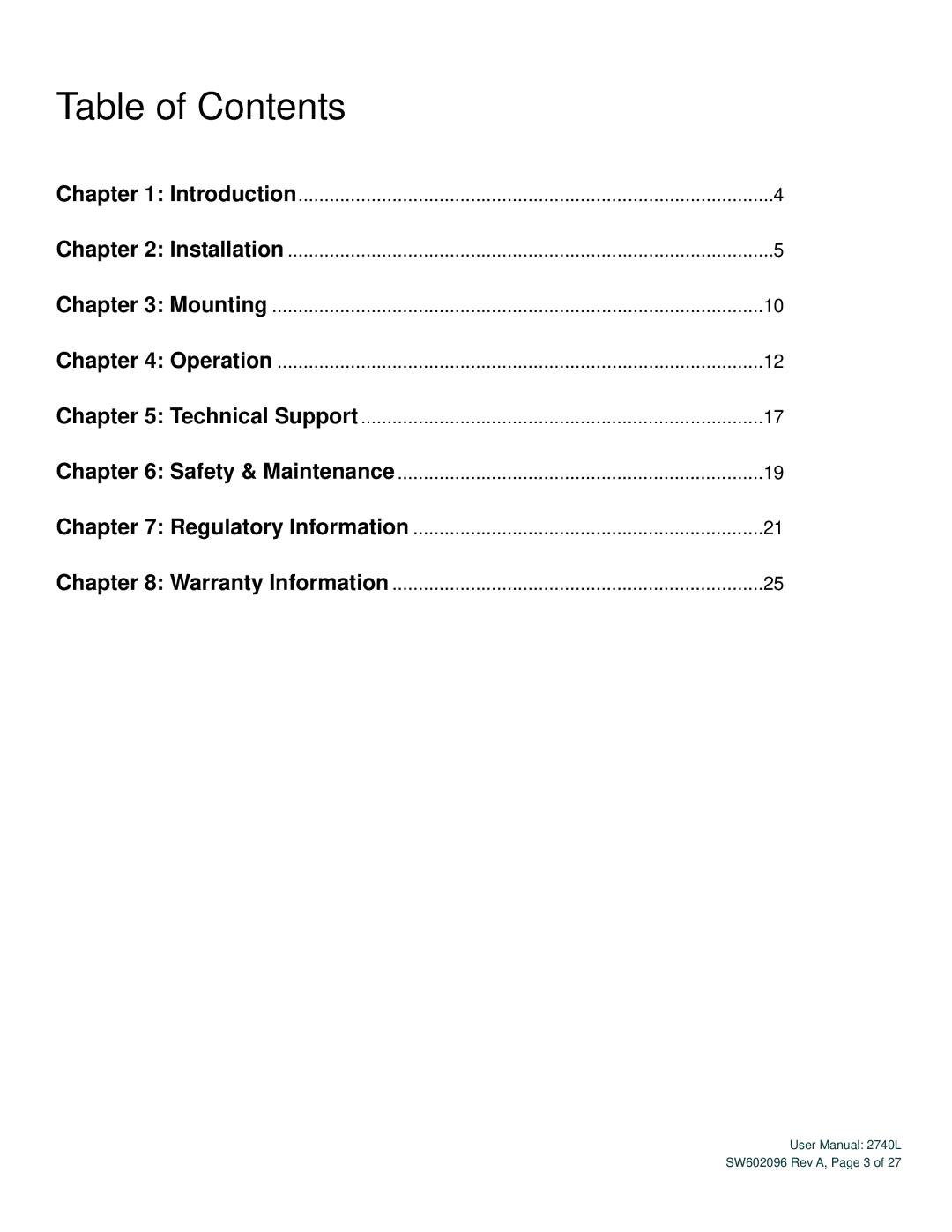 Elo TouchSystems 2740L user manual Table of Contents 