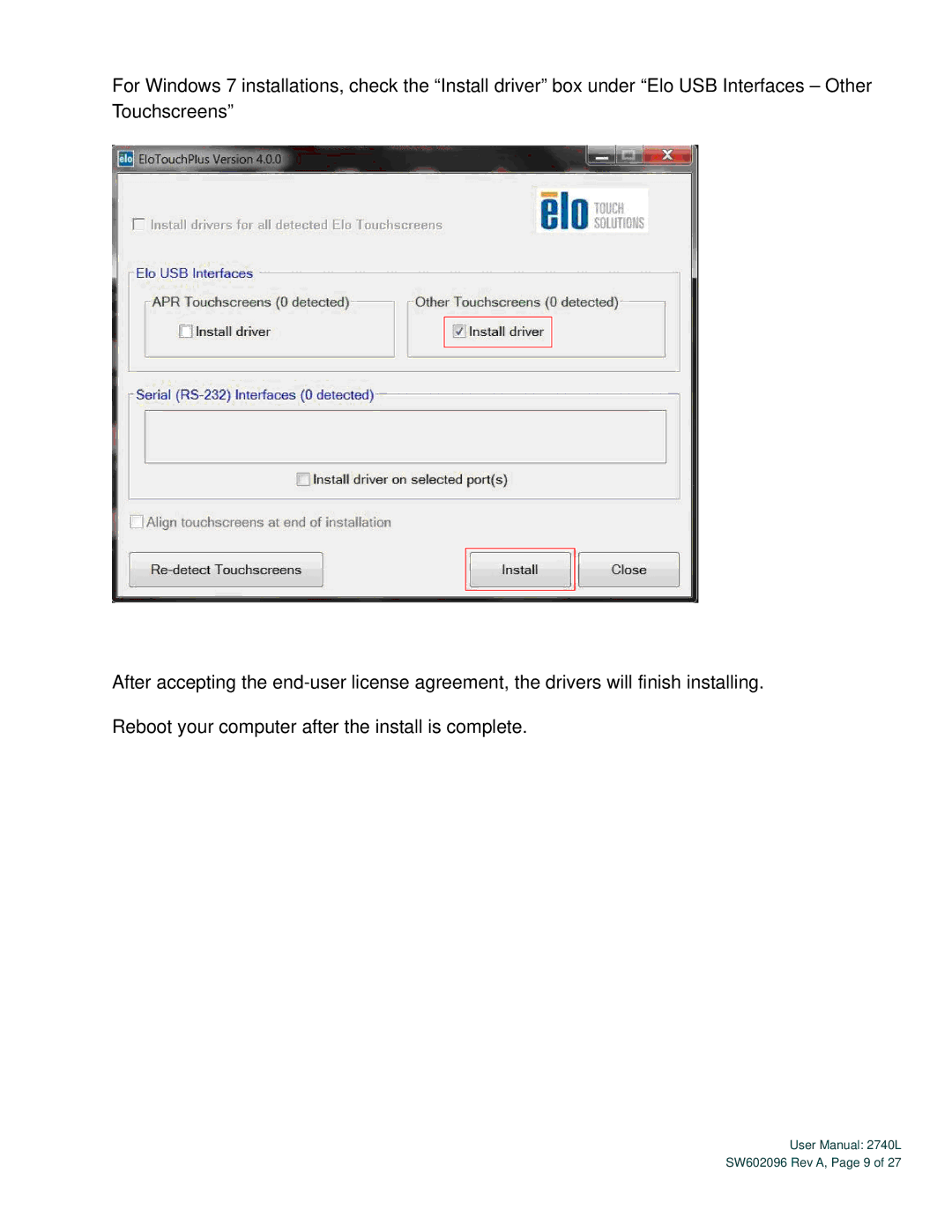 Elo TouchSystems 2740L user manual SW602096 Rev A, Page 9 