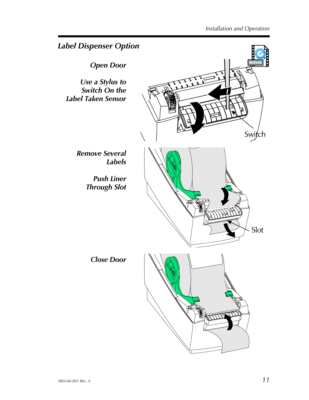 Elo TouchSystems 282P101210000, 282P101510000, 282P101110000, 2824 user manual Label Dispenser Option 