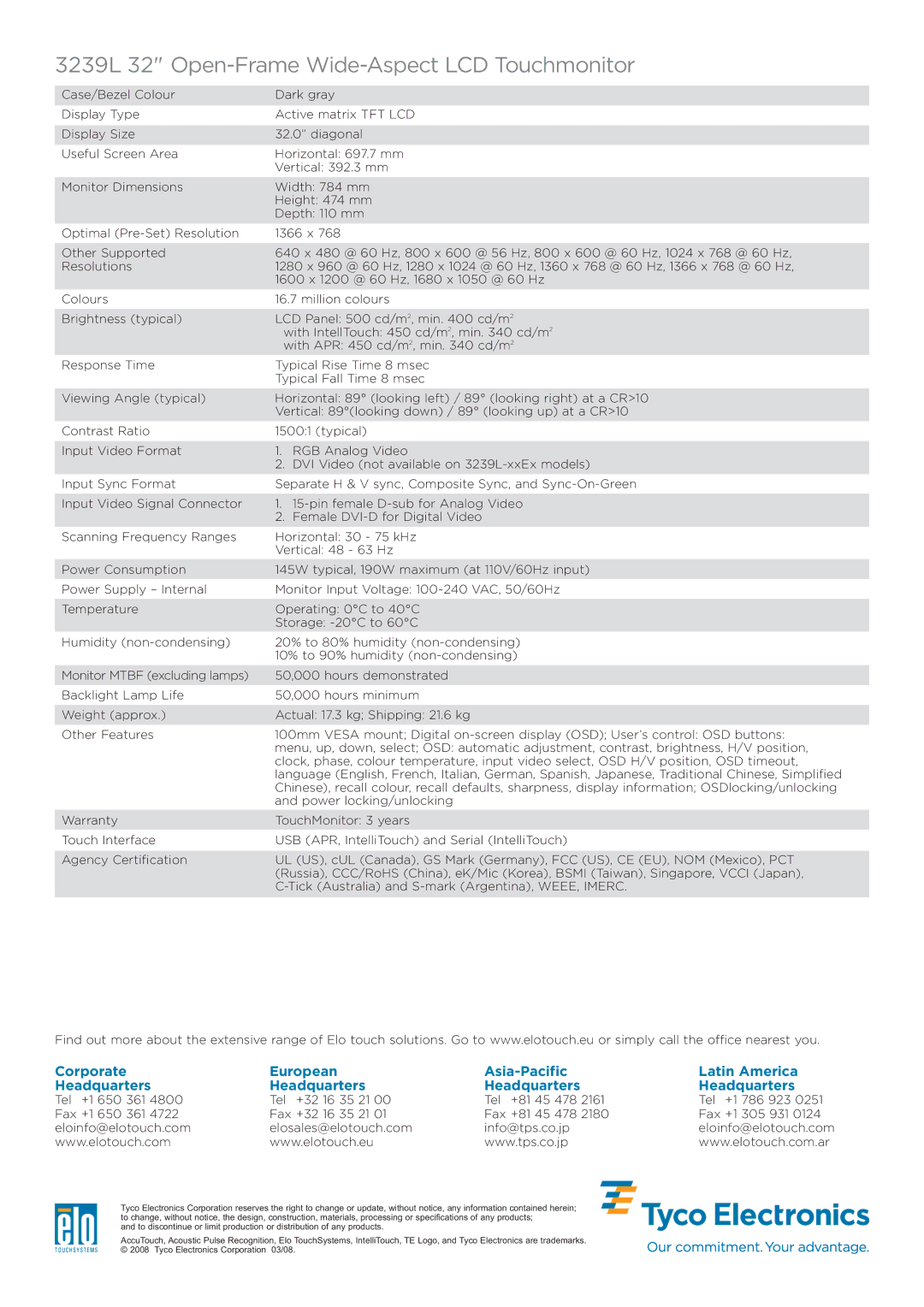 Elo TouchSystems specifications 3239L 32 Open-Frame Wide-Aspect LCD Touchmonitor 