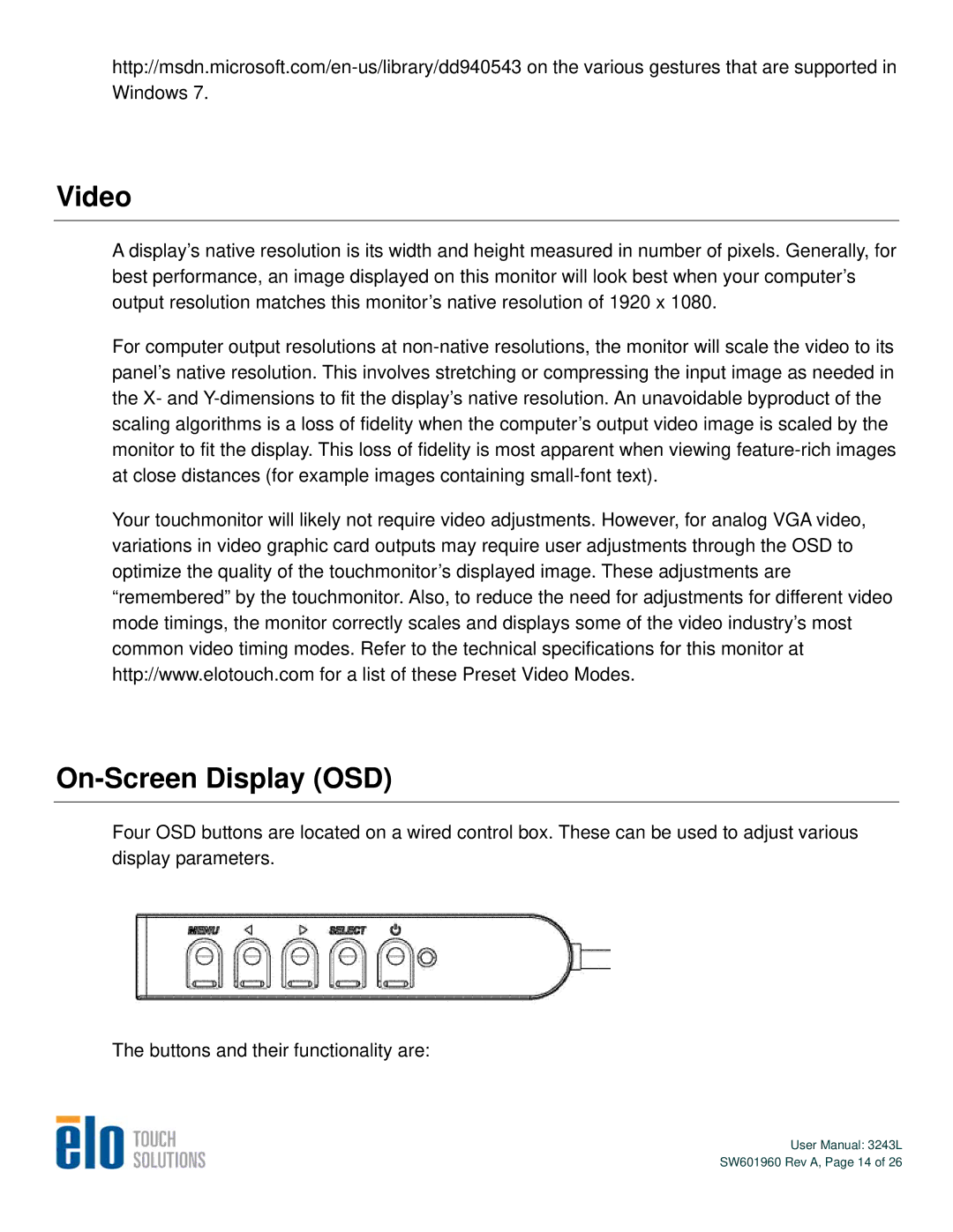 Elo TouchSystems 3243L user manual Video, On-Screen Display OSD 