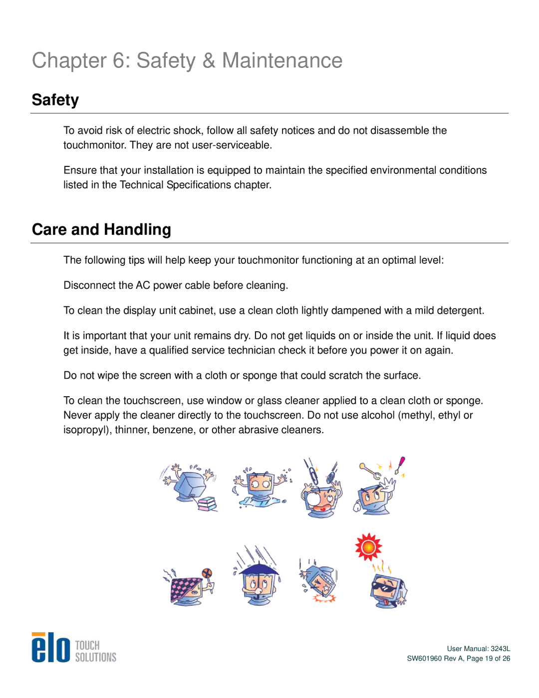 Elo TouchSystems 3243L user manual Safety & Maintenance, Care and Handling 