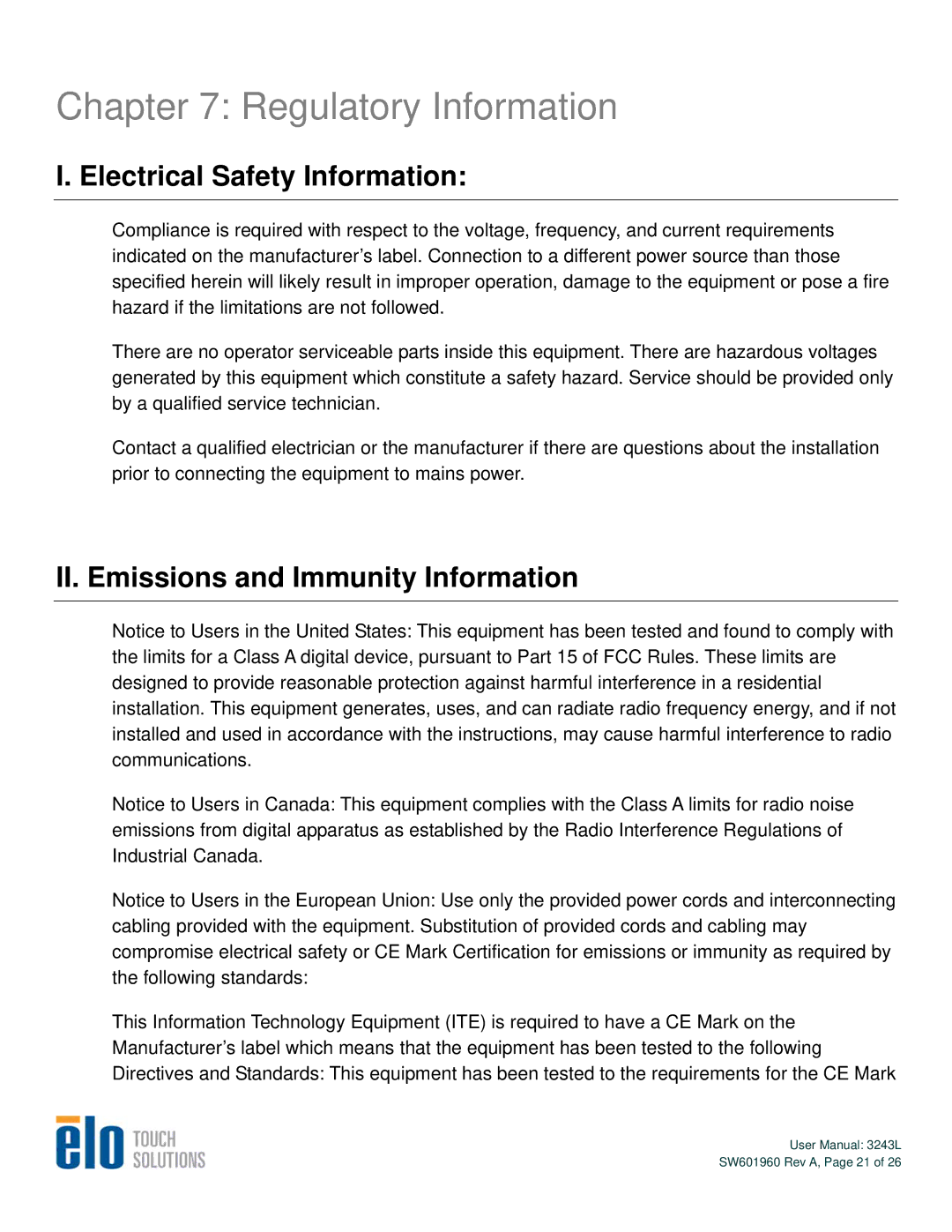 Elo TouchSystems 3243L Regulatory Information, Electrical Safety Information, II. Emissions and Immunity Information 