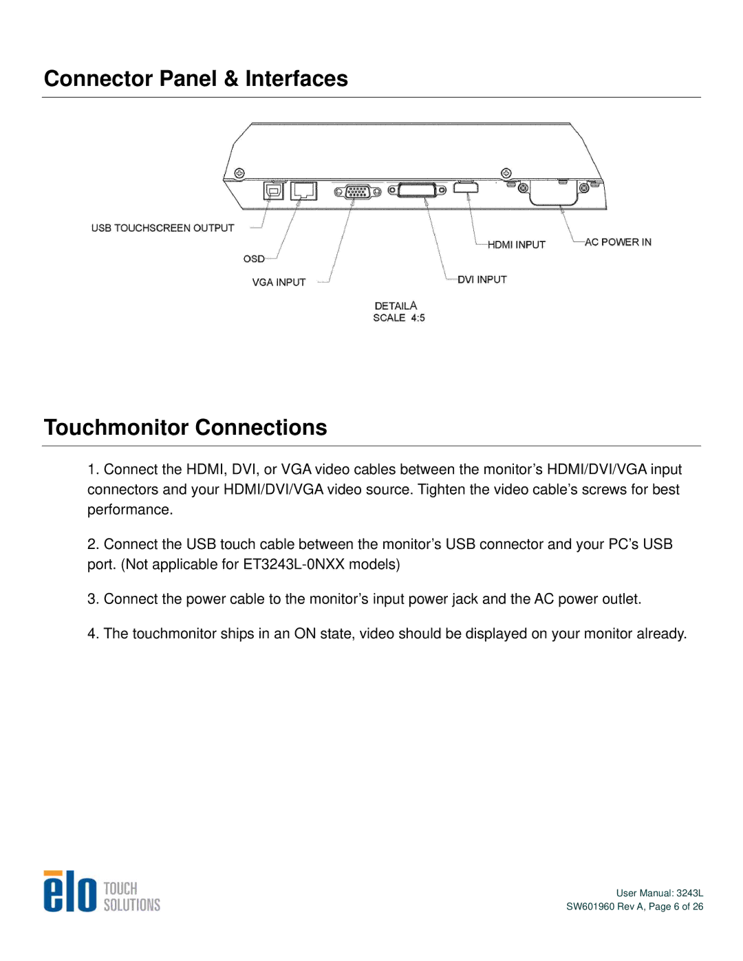 Elo TouchSystems 3243L user manual Connector Panel & Interfaces Touchmonitor Connections 