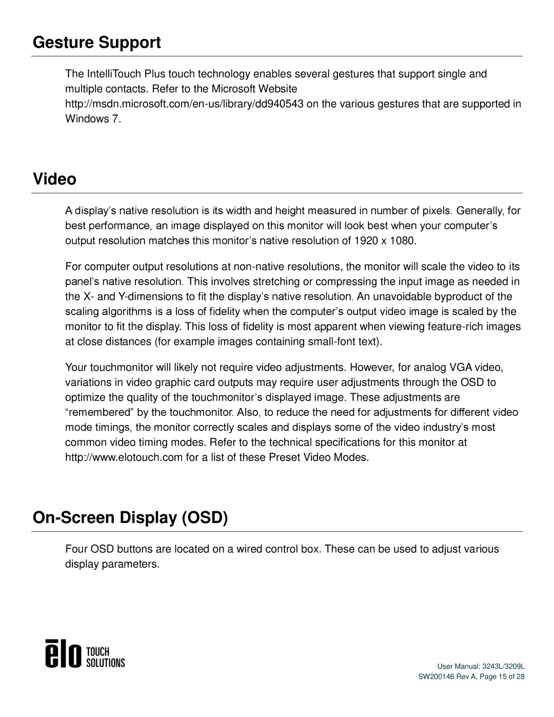 Elo TouchSystems 3243L/3209L user manual Gesture Support Video, On-Screen Display OSD 