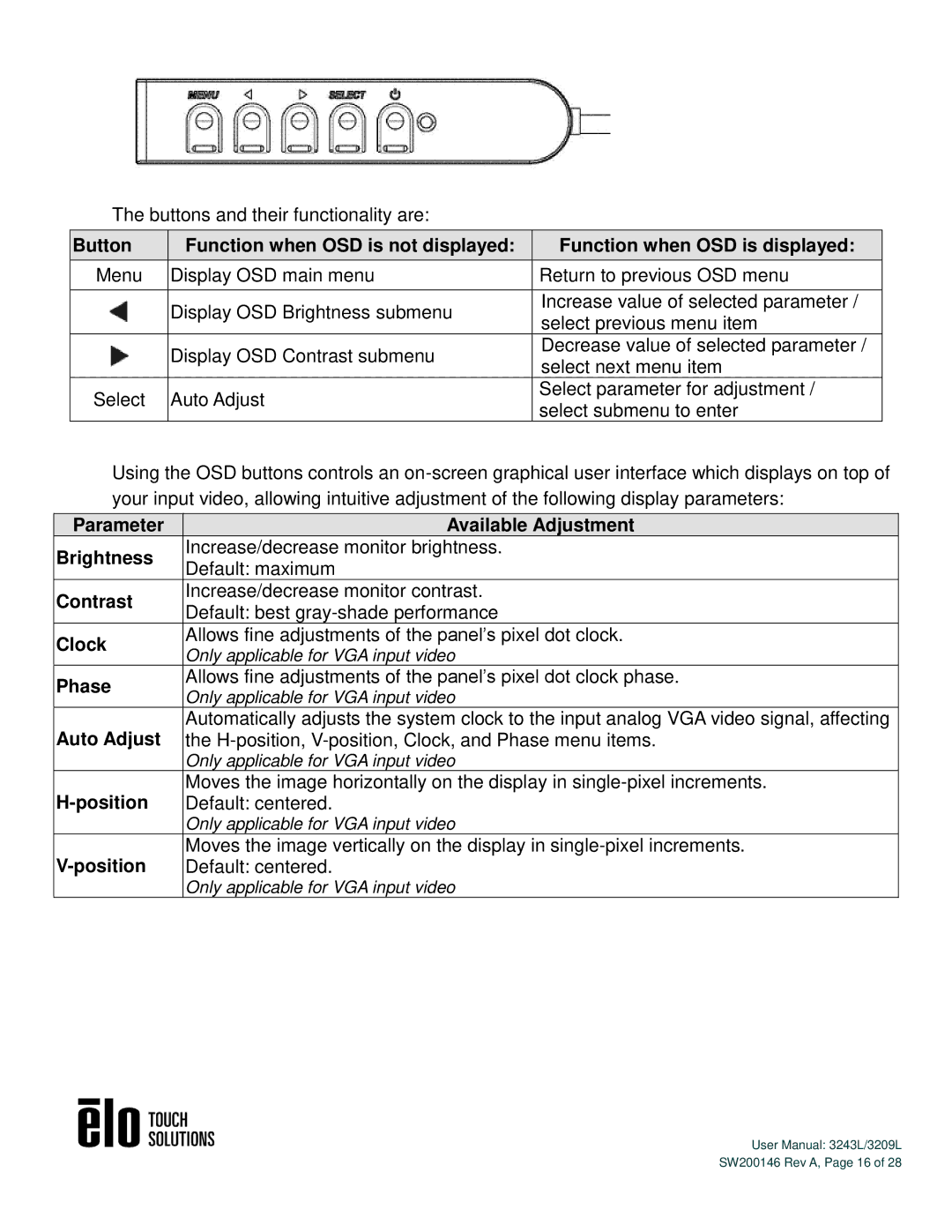 Elo TouchSystems 3243L/3209L user manual Parameter Available Adjustment Brightness 