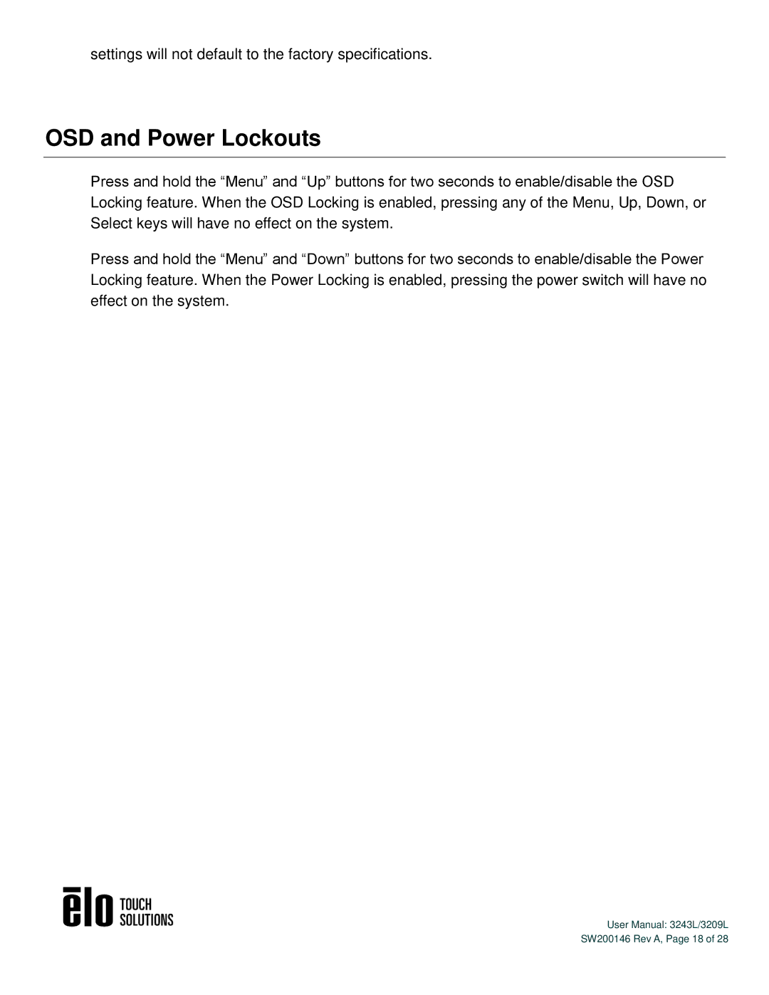 Elo TouchSystems 3243L/3209L user manual OSD and Power Lockouts 