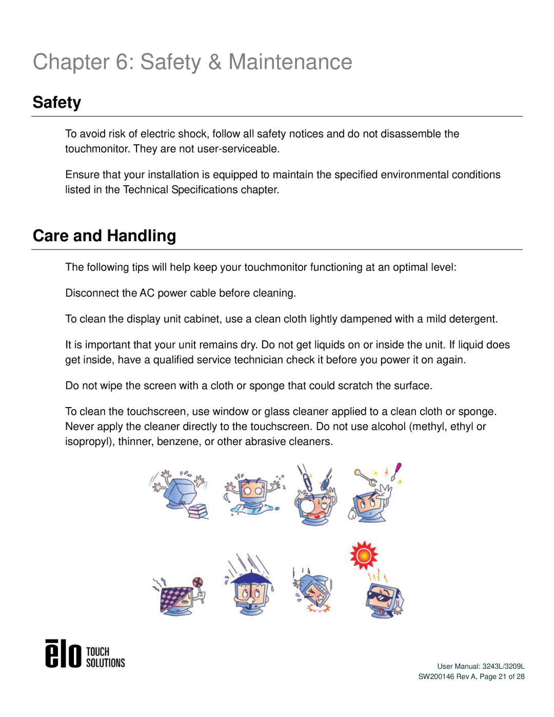 Elo TouchSystems 3243L/3209L user manual Safety & Maintenance, Care and Handling 