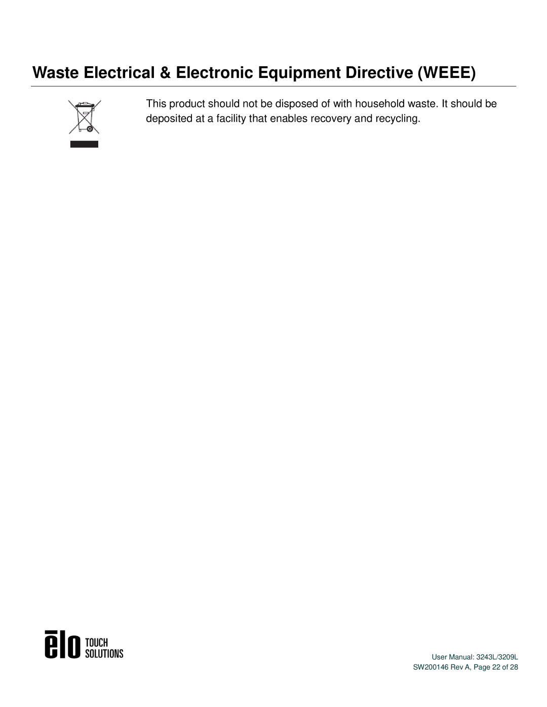 Elo TouchSystems 3243L/3209L user manual Waste Electrical & Electronic Equipment Directive Weee 