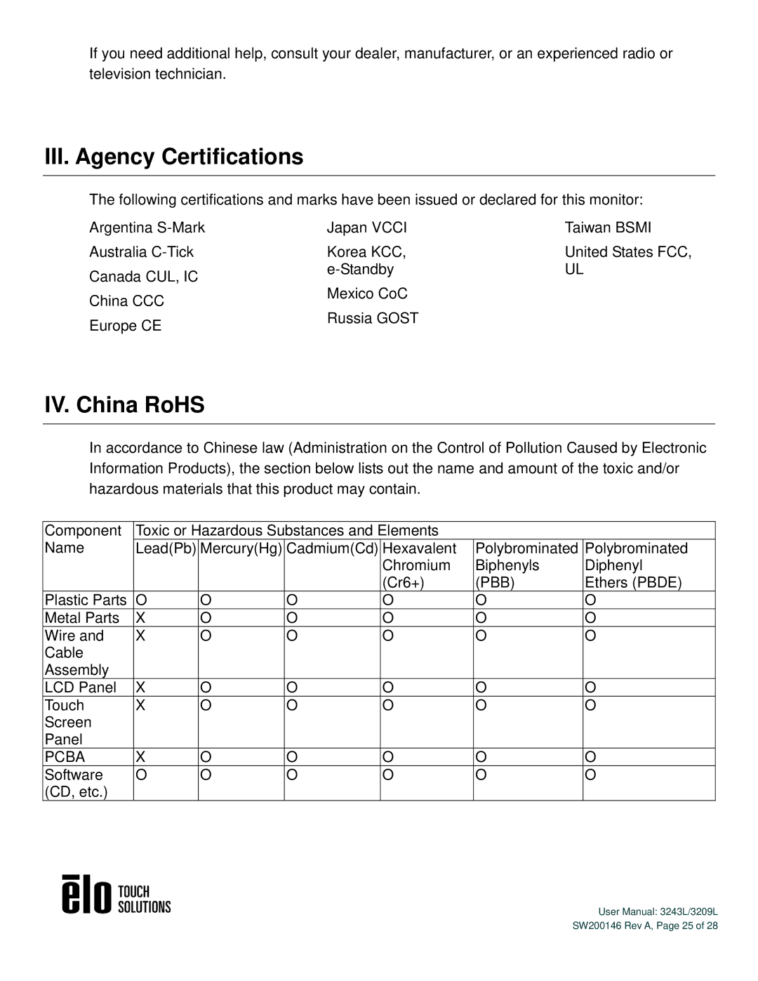 Elo TouchSystems 3243L/3209L user manual III. Agency Certifications, IV. China RoHS 