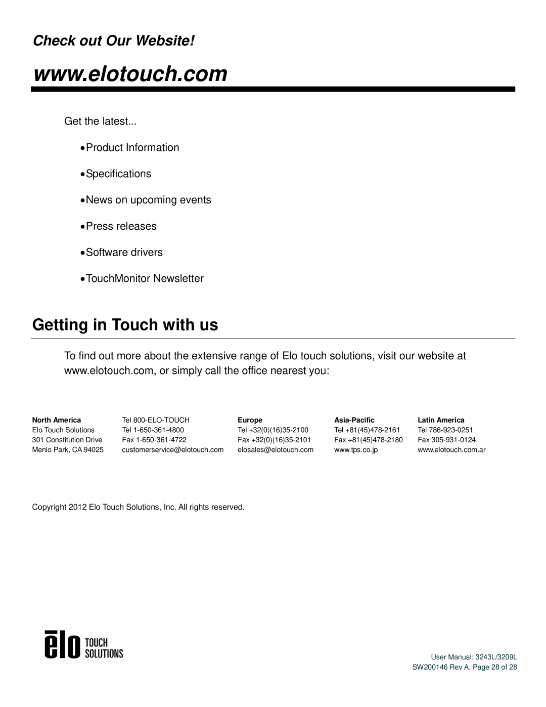 Elo TouchSystems 3243L/3209L user manual Getting in Touch with us, Check out Our Website 