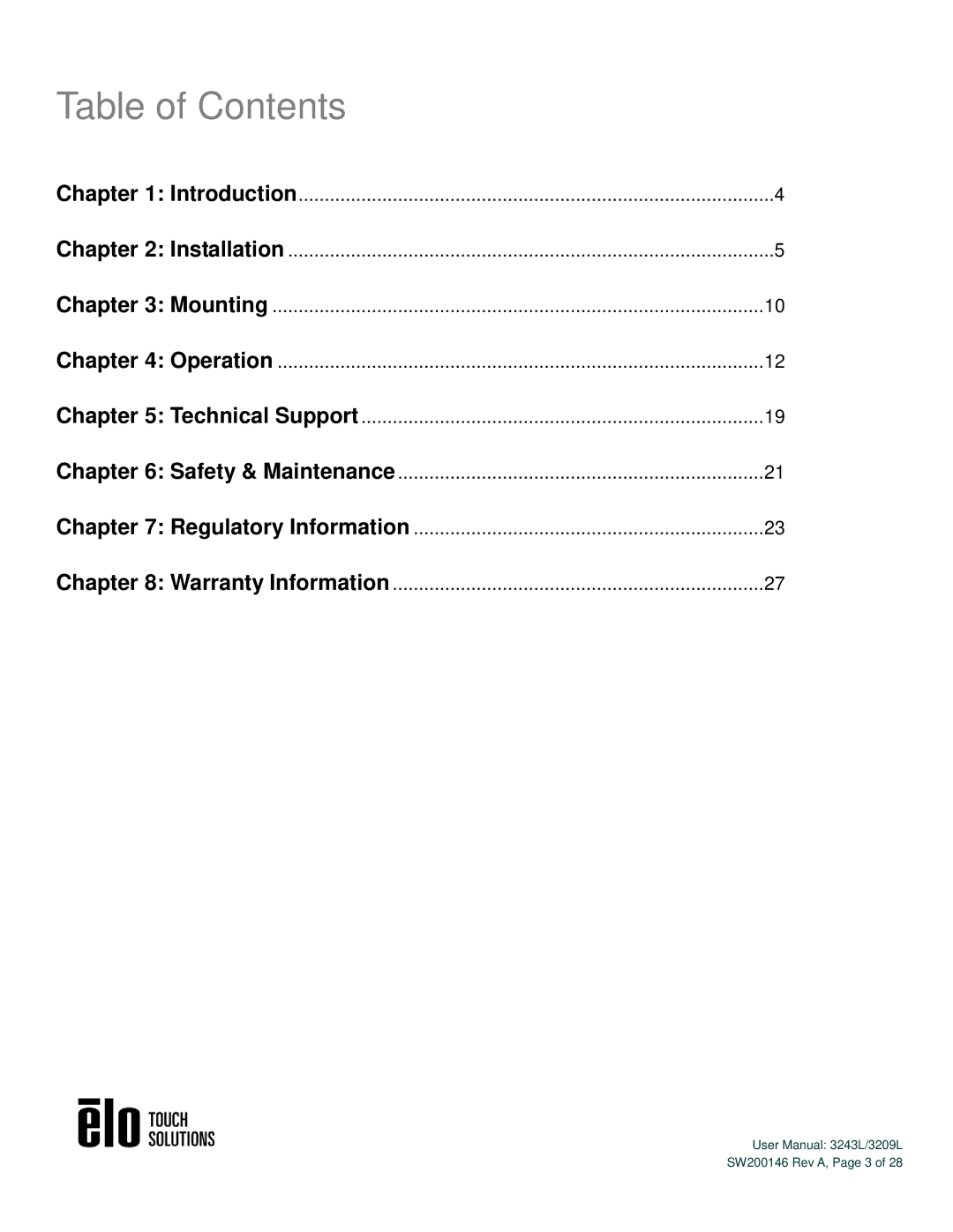 Elo TouchSystems 3243L/3209L user manual Table of Contents 