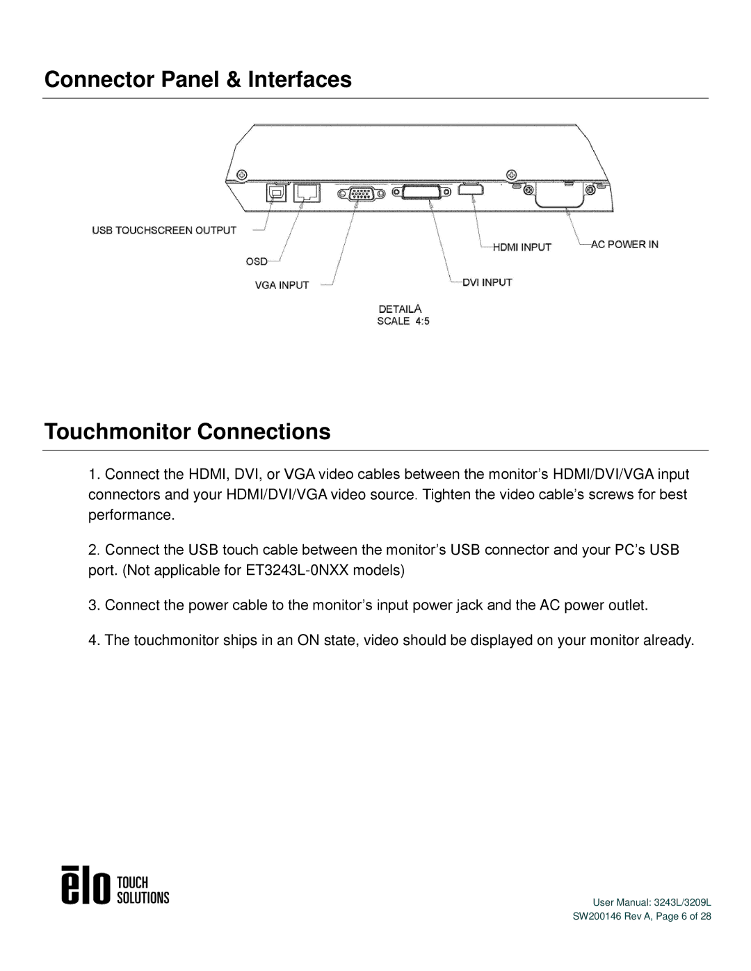 Elo TouchSystems 3243L/3209L user manual Connector Panel & Interfaces Touchmonitor Connections 