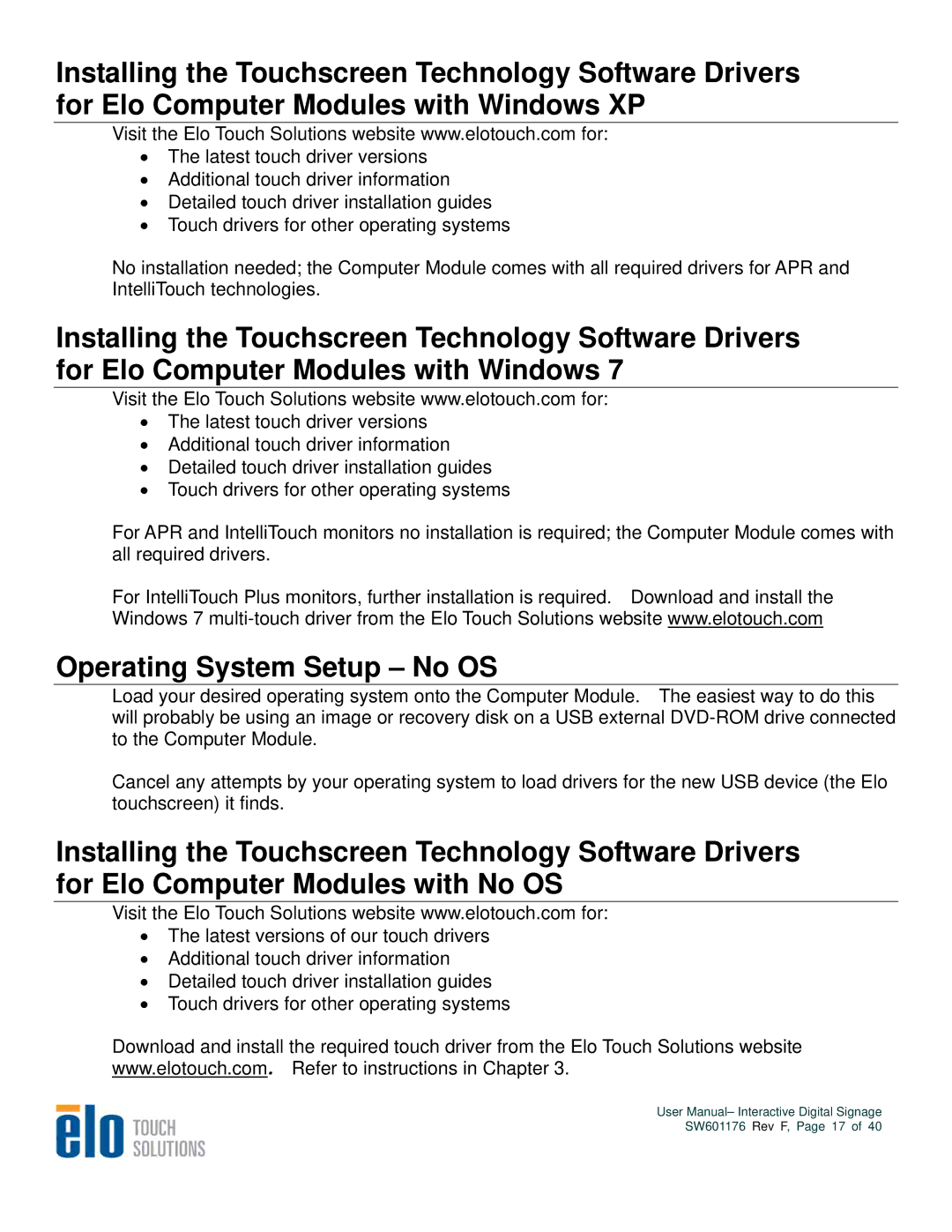 Elo TouchSystems 5500L, 4600L, 4200L, 3200L user manual Operating System Setup No OS 