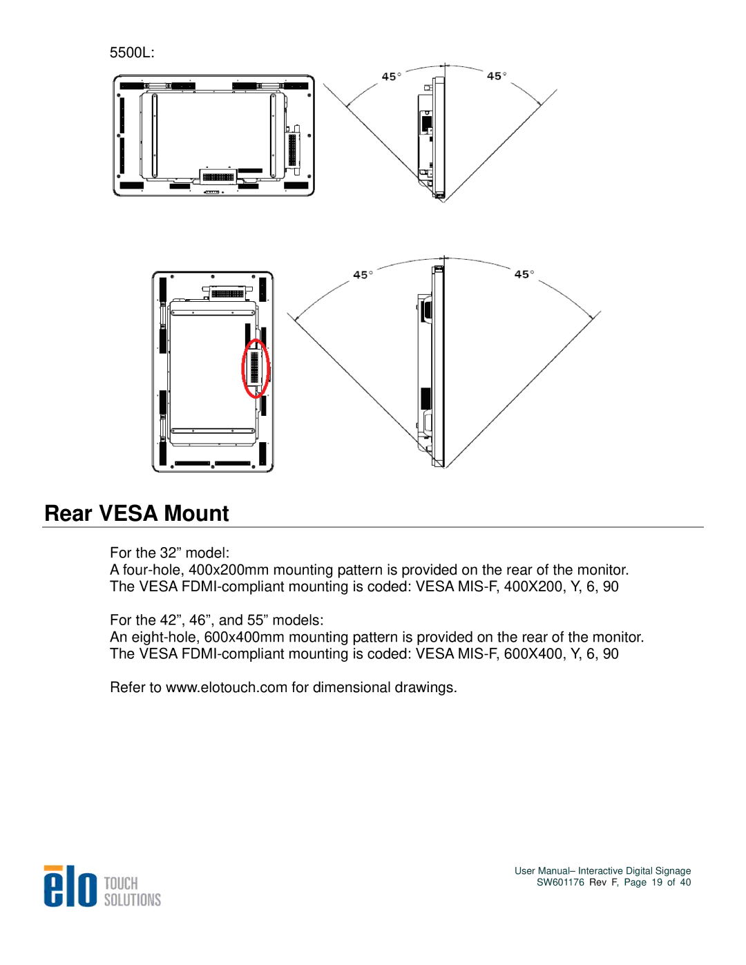 Elo TouchSystems 3200L, 4600L, 5500L, 4200L user manual Rear Vesa Mount 