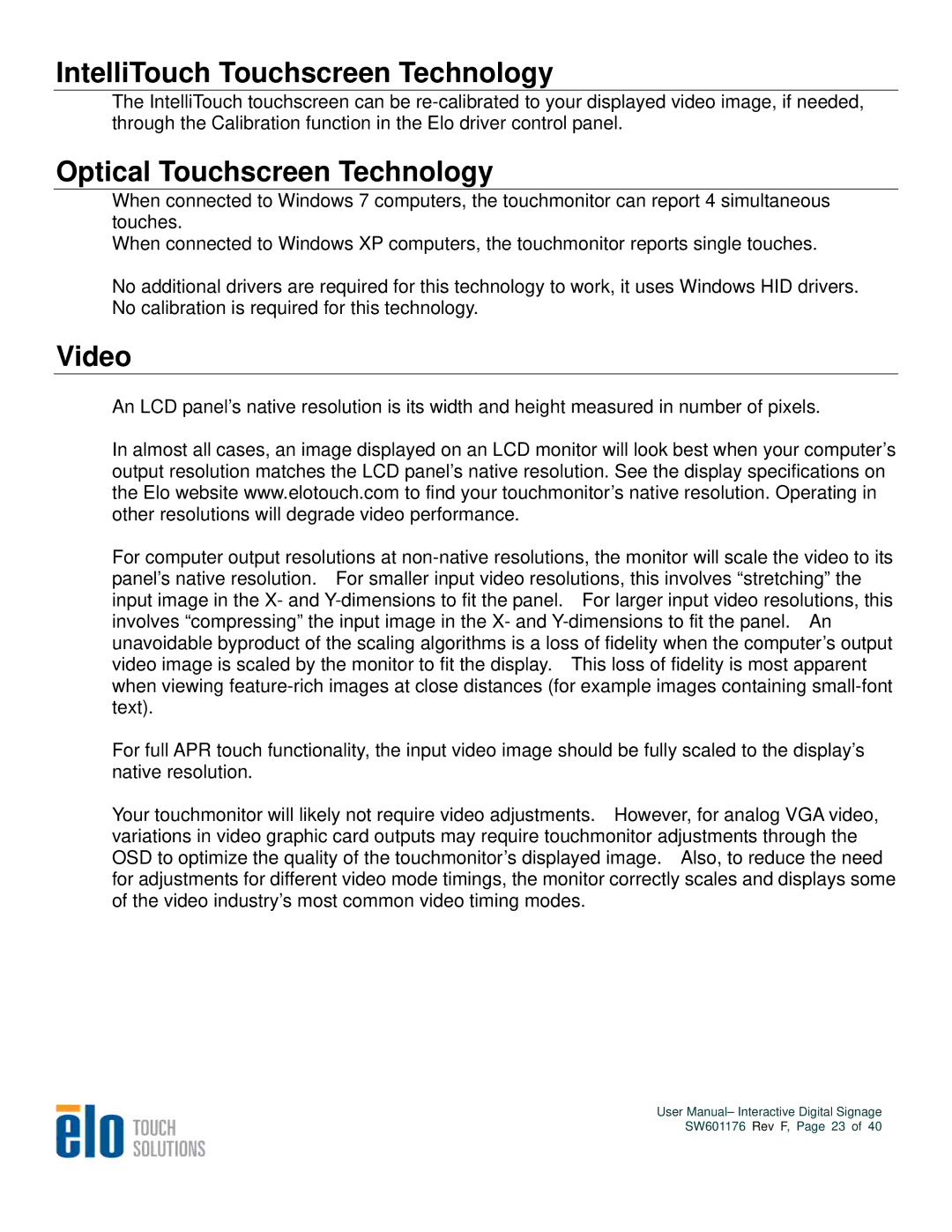 Elo TouchSystems 3200L, 4600L, 5500L, 4200L IntelliTouch Touchscreen Technology, Optical Touchscreen Technology, Video 