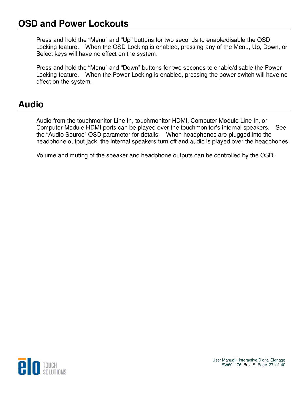 Elo TouchSystems 3200L, 4600L, 5500L, 4200L user manual OSD and Power Lockouts, Audio 