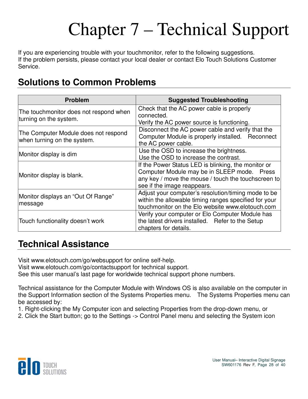 Elo TouchSystems 4600L, 5500L, 4200L, 3200L user manual Technical Support, Solutions to Common Problems, Technical Assistance 