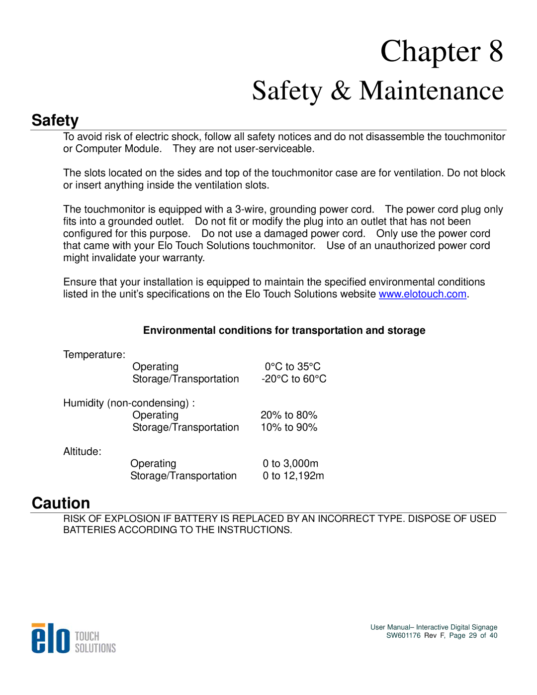 Elo TouchSystems 5500L, 4600L, 4200L, 3200L user manual Safety, Environmental conditions for transportation and storage 