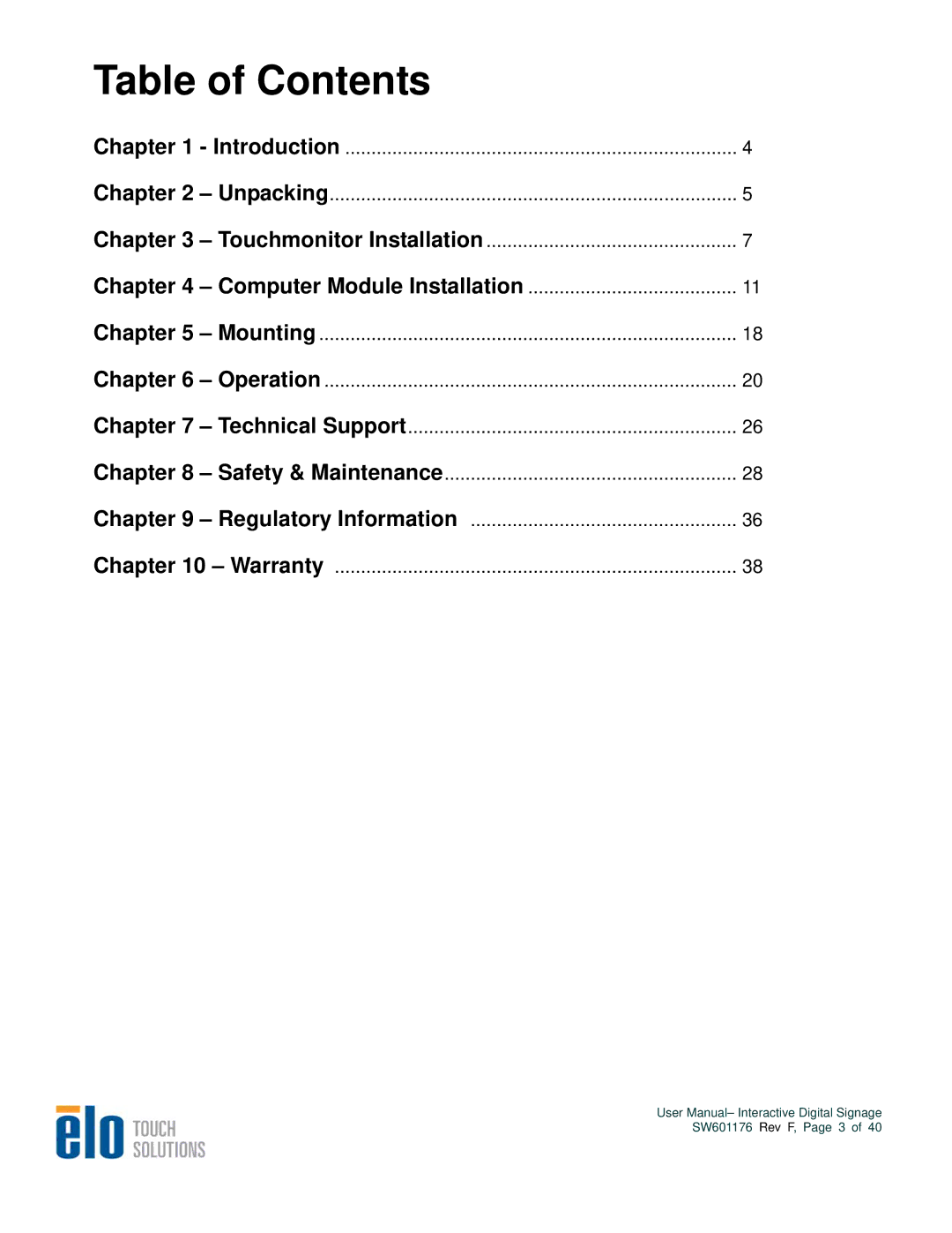 Elo TouchSystems 3200L, 4600L, 5500L, 4200L user manual Table of Contents 