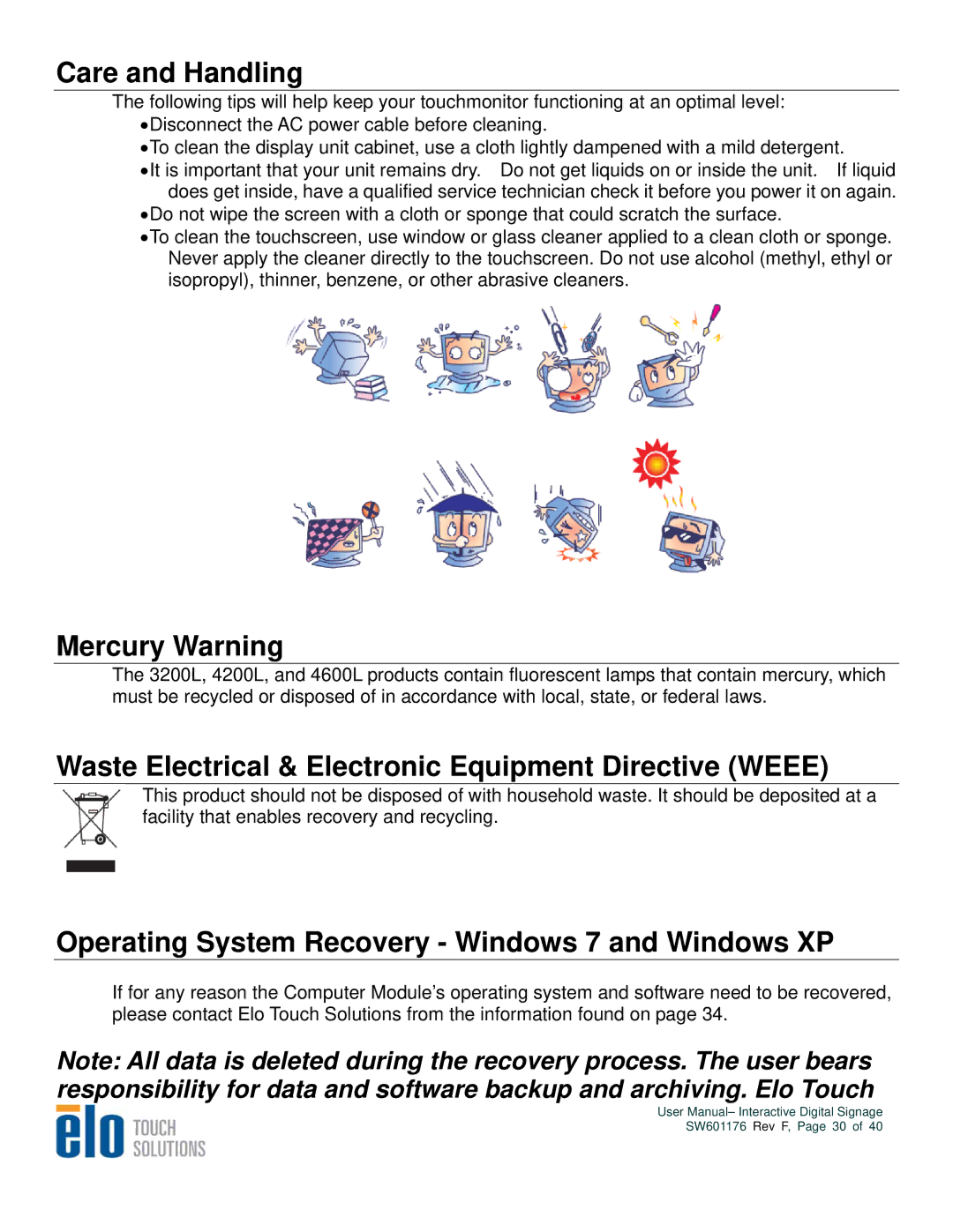 Elo TouchSystems 4200L, 4600L Care and Handling, Mercury Warning, Waste Electrical & Electronic Equipment Directive Weee 