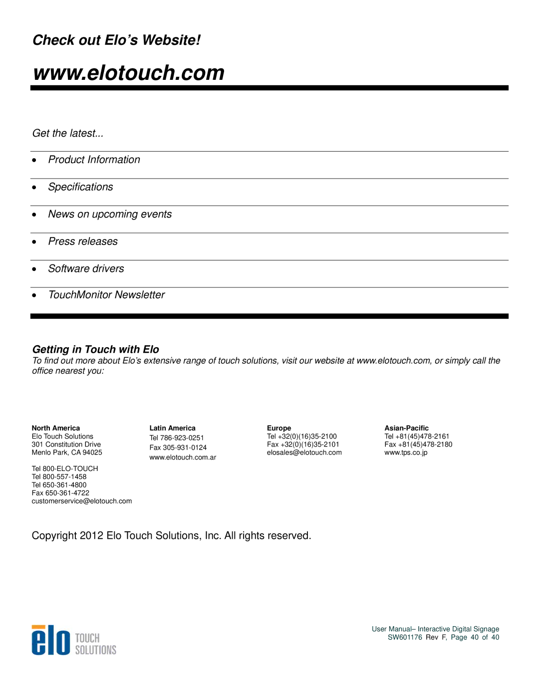 Elo TouchSystems 4600L, 5500L, 4200L, 3200L user manual Check out Elo’s Website 