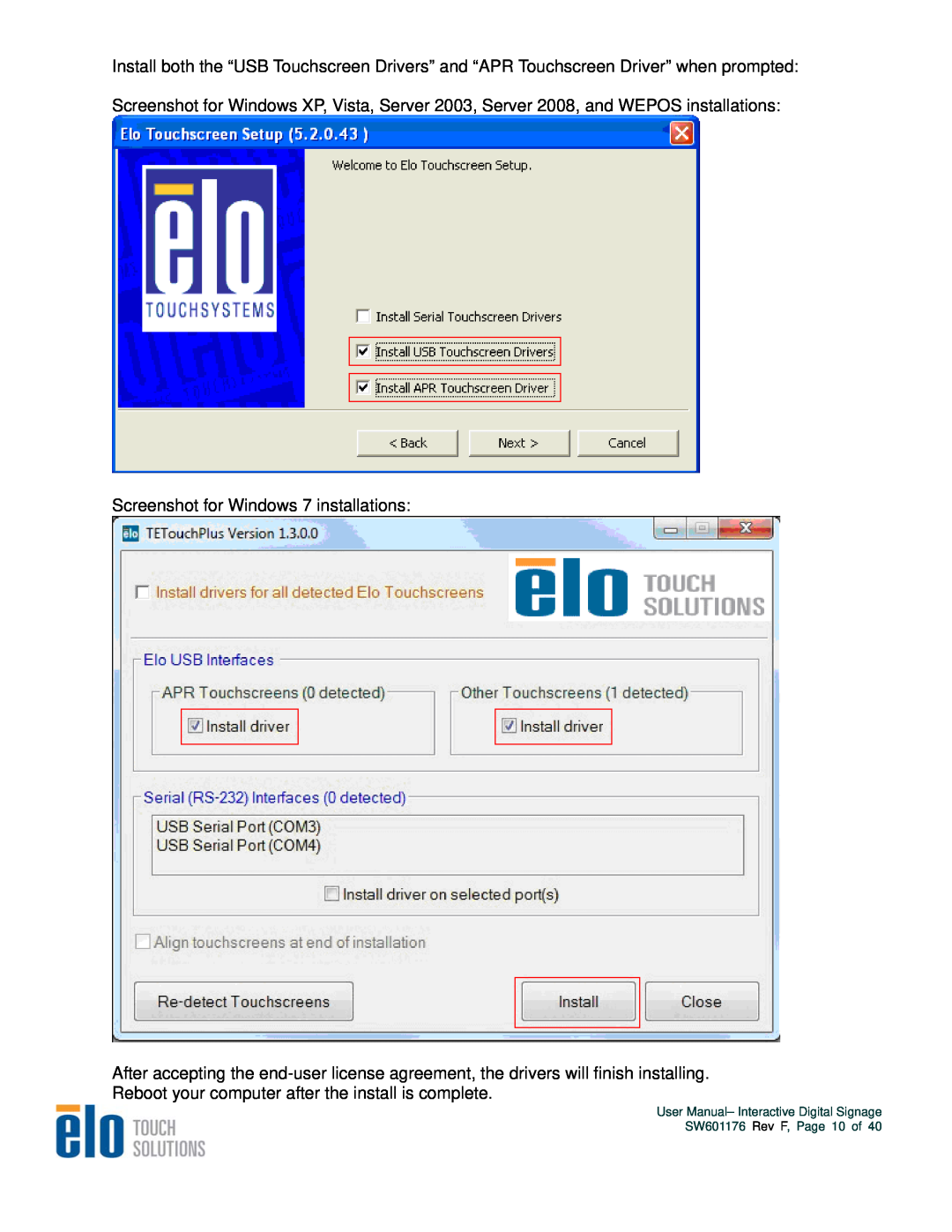 Elo TouchSystems 4200L, 4600L, 5500L, 3200L user manual Screenshot for Windows 7 installations 