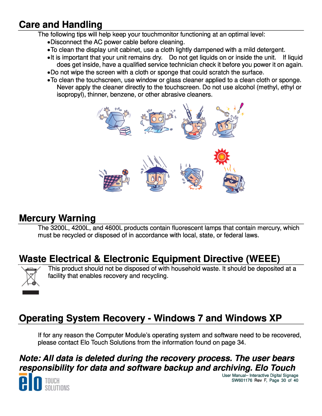 Elo TouchSystems 4200L, 4600L Care and Handling, Mercury Warning, Waste Electrical & Electronic Equipment Directive WEEE 