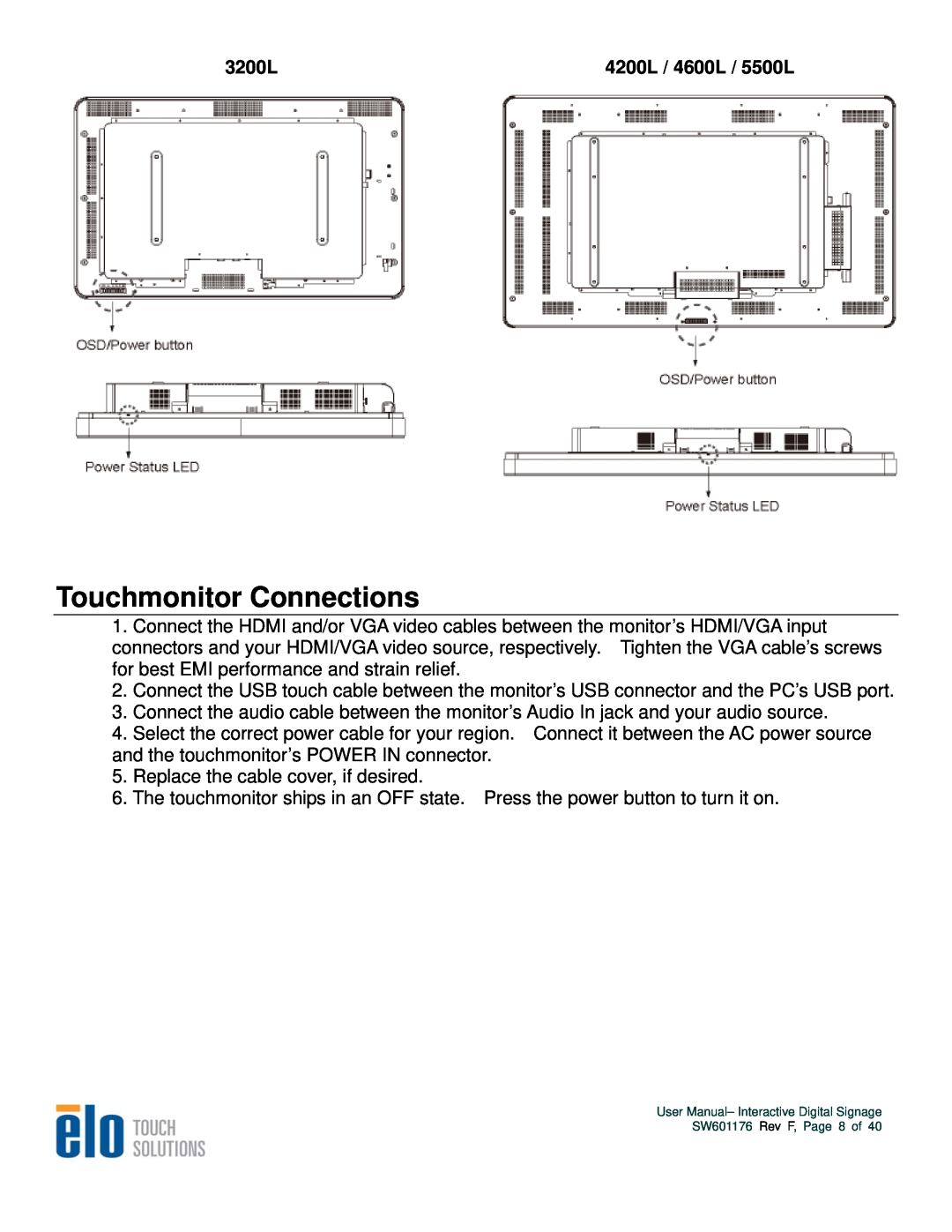 Elo TouchSystems user manual Touchmonitor Connections, 3200L, 4200L / 4600L / 5500L 