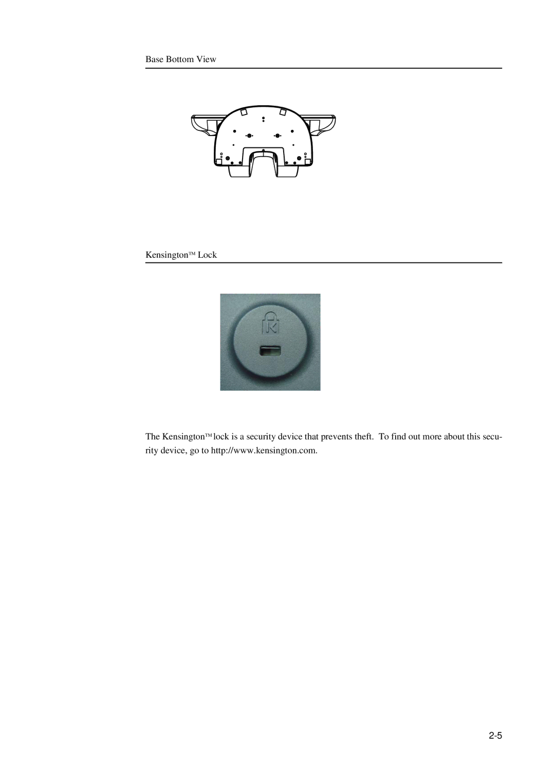 Elo TouchSystems 5000 manual Base Bottom View KensingtonTM Lock 