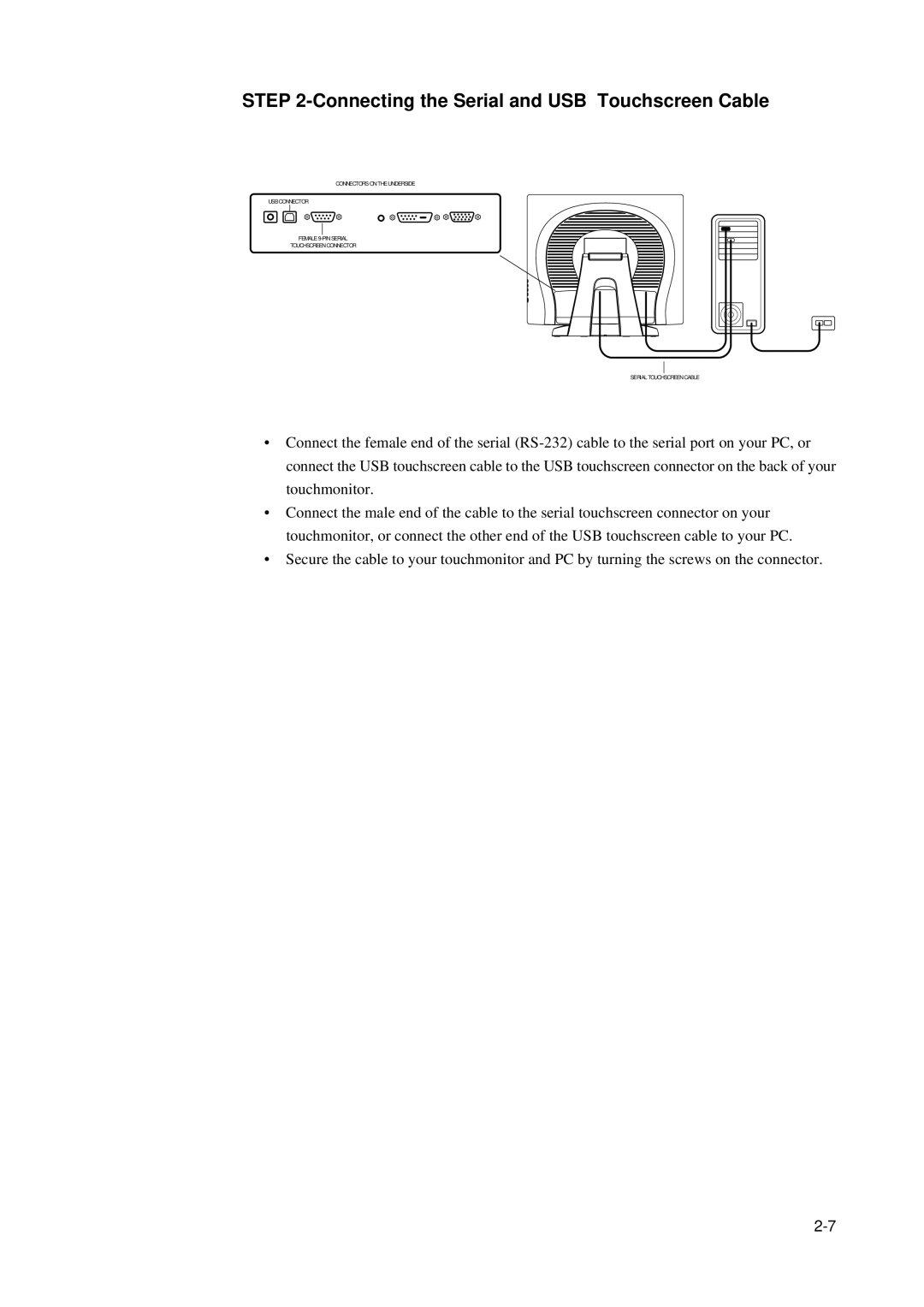 Elo TouchSystems 5000 manual Connecting the Serial and USB Touchscreen Cable 