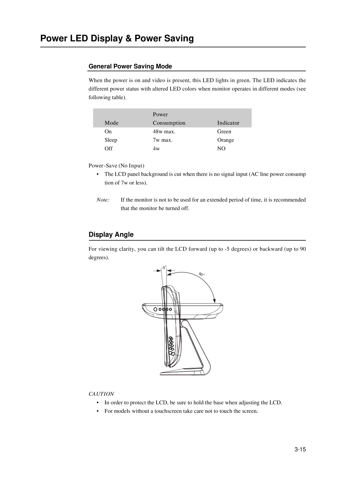 Elo TouchSystems 5000 manual Power LED Display & Power Saving, Display Angle, Power Mode Consumption Indicator 