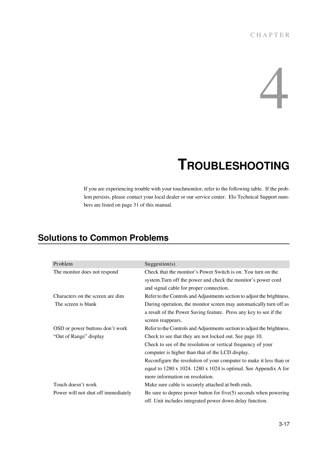 Elo TouchSystems 5000 manual Troubleshooting, Solutions to Common Problems, Problem Suggestions 