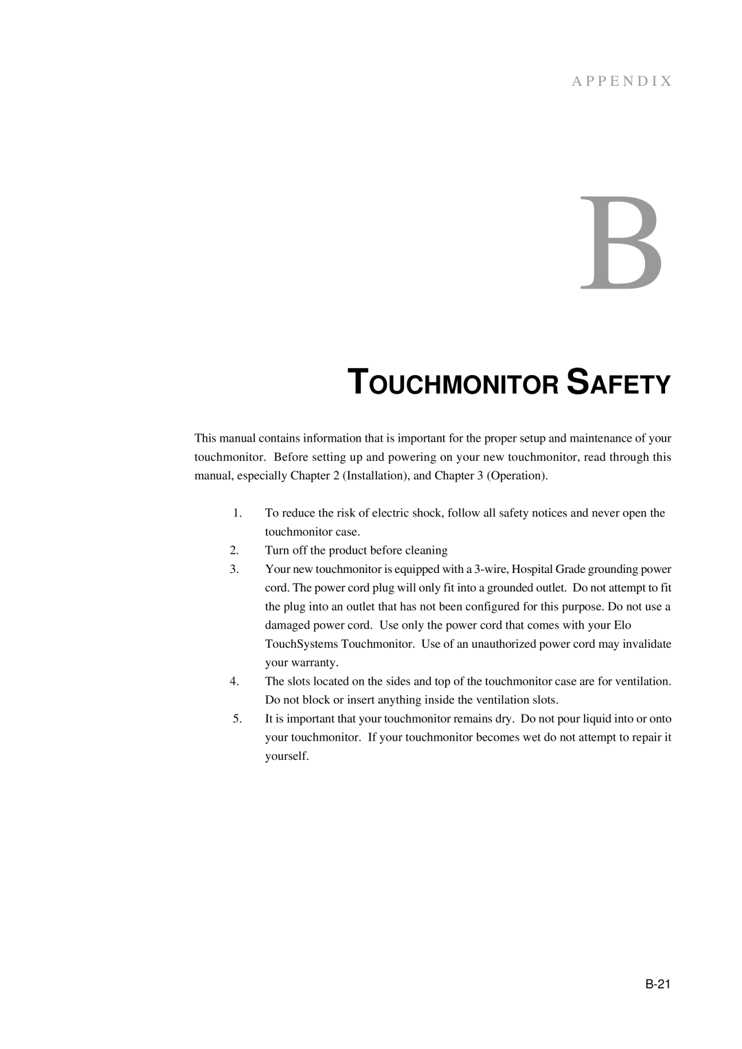 Elo TouchSystems 5000 manual Touchmonitor Safety 